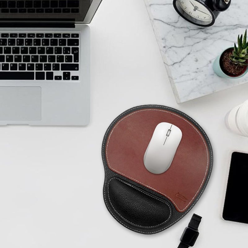Fosinz Ergonomic Leather Mouse Pad Mat Mousepad with Rest Wrist Support Non-Slip Rubber Base Memory Foam Waterproof Surface for Gaming Office (Round-Brown) - Image 2